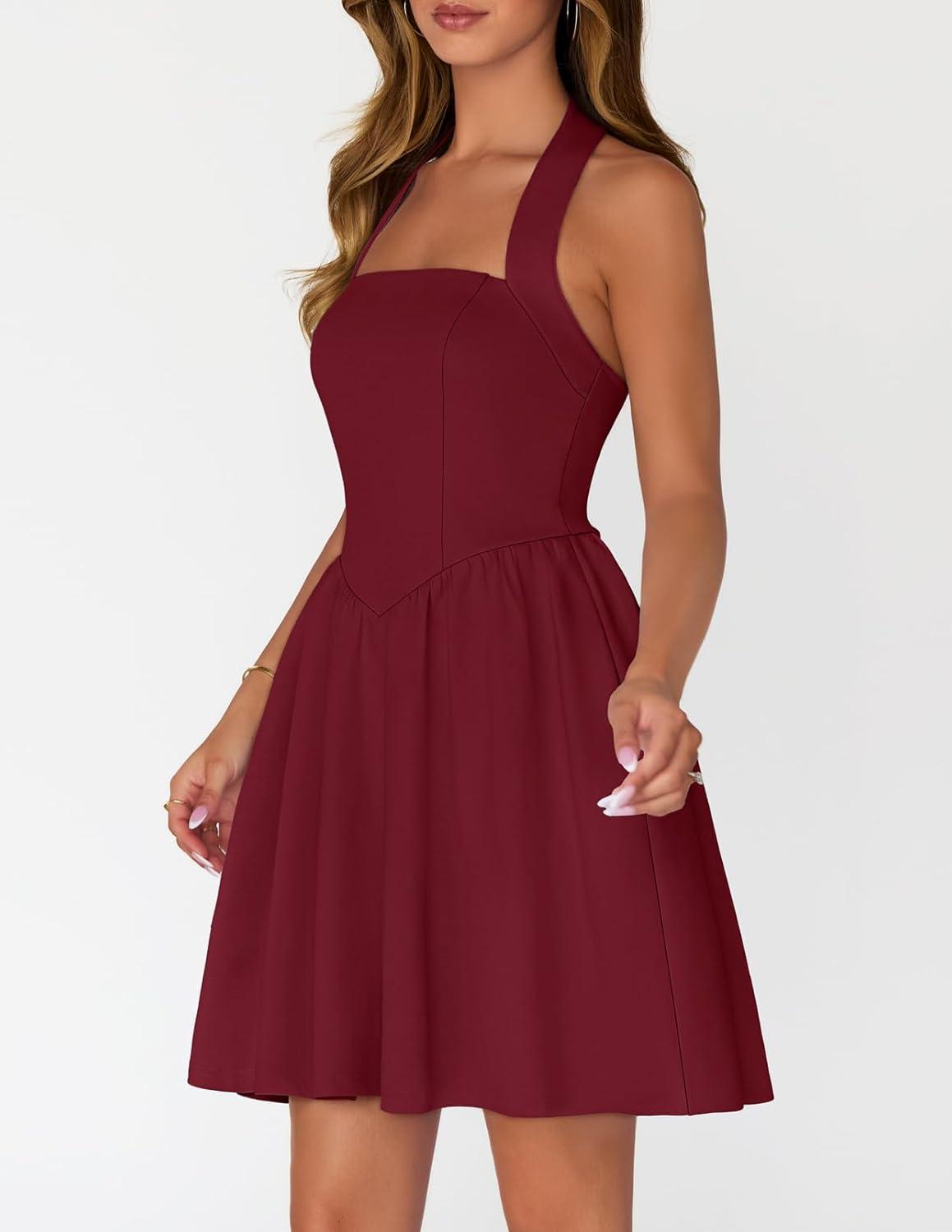 imageMEROKEETY Womens Summer Halter Neck Mini Dress 2026 Sleeveless Cute Ruched Waist Aline Flowy Swing Party Short DressesWine