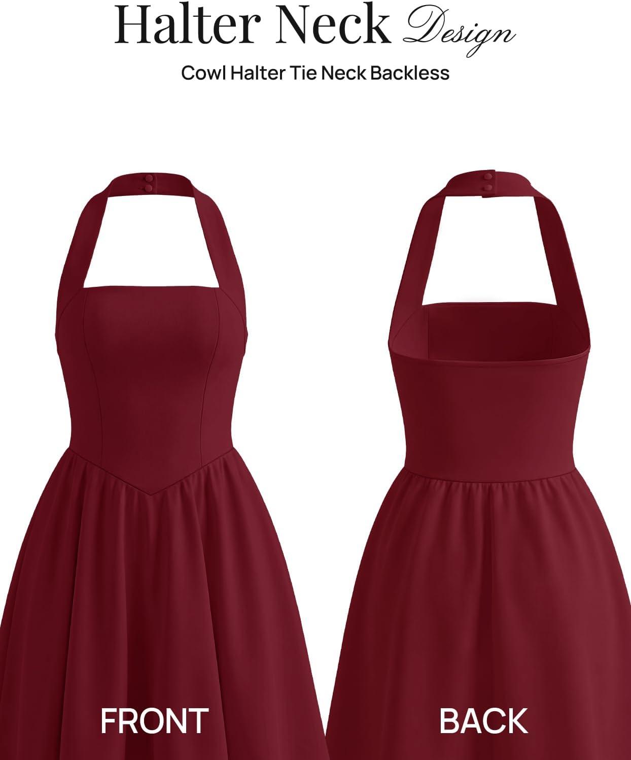 imageMEROKEETY Womens Summer Halter Neck Mini Dress 2026 Sleeveless Cute Ruched Waist Aline Flowy Swing Party Short DressesWine
