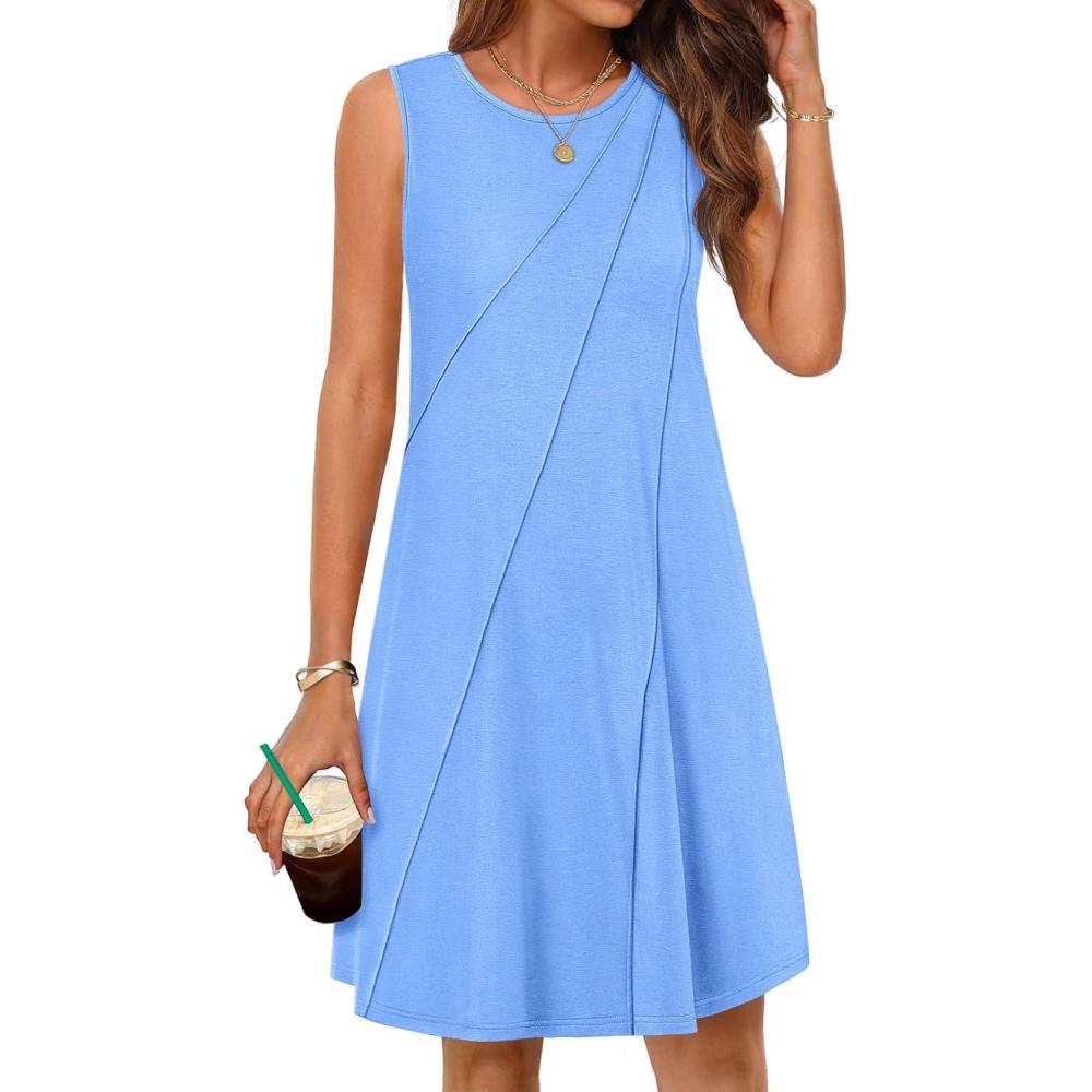 imageMEROKEETY Womens 2025 Summer Sleeveless Sundress Casual Beach Vacation Crewneck Tank Mini DressBlue