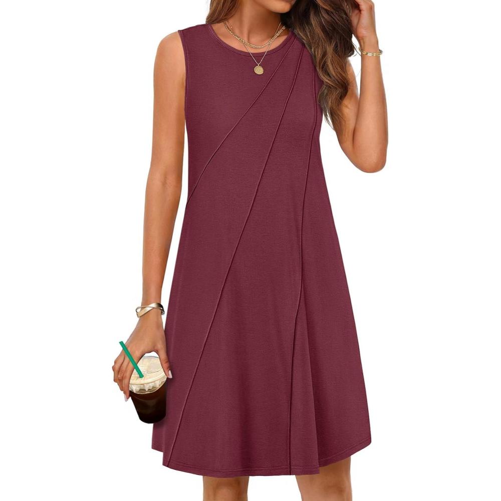 imageMEROKEETY Womens 2025 Summer Sleeveless Sundress Casual Beach Vacation Crewneck Tank Mini DressWine