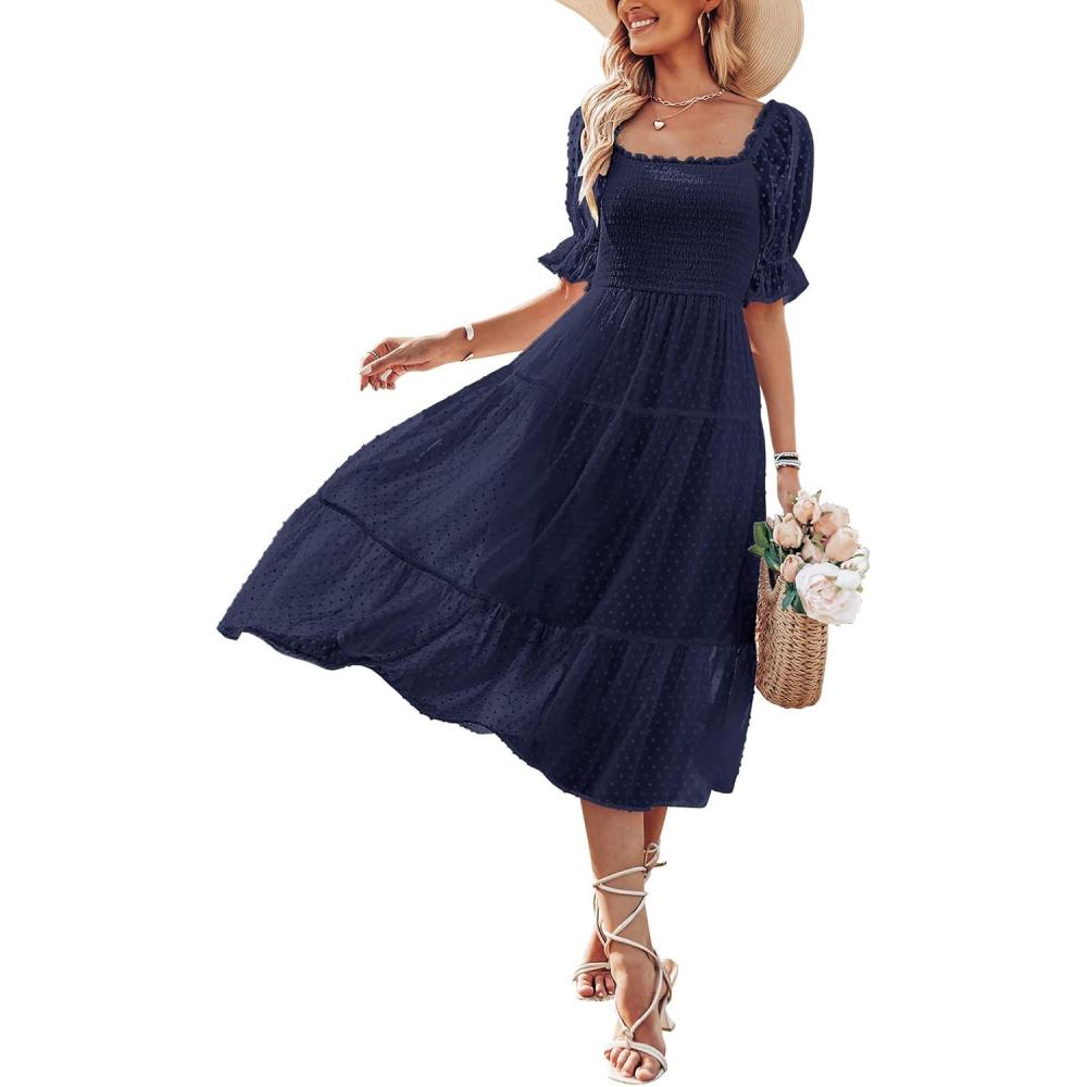 imageMEROKEETY Womens 2025 Summer Square Neck Puff Sleeve Boho Midi Dress Swiss Dot Ruffle Flowy Tie Back DressNavy