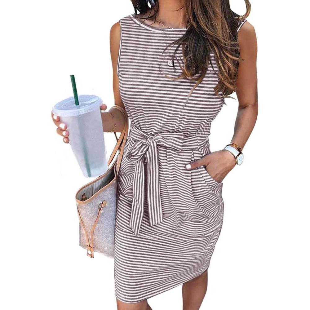 imageMEROKEETY Womens 2026 Summer Casual Dress Striped Sleeveless Crew Neck Tie Waist Beach Vacation Trendy Short T Shirt DressesMocha