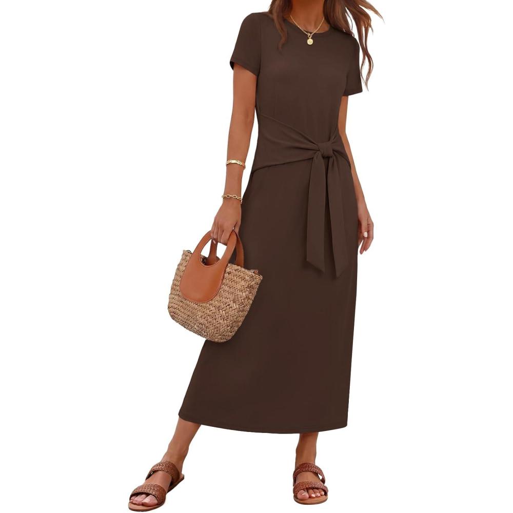 imageMEROKEETY Womens 2026 Summer Casual T Shirt Dresses Short Sleeve Tie Waist Long Work Beach Vacation Trendy Midi DressCoffee