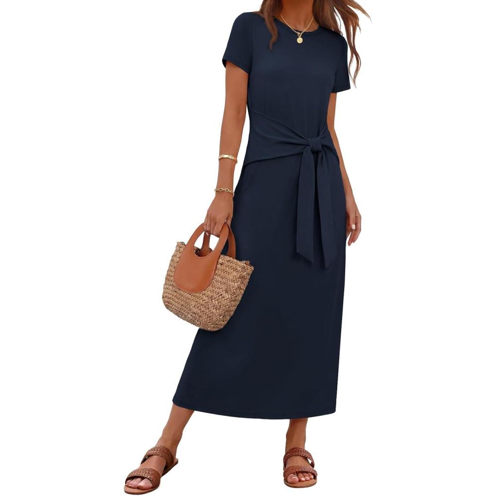 imageMEROKEETY Womens 2026 Summer Casual T Shirt Dresses Short Sleeve Tie Waist Long Work Beach Vacation Trendy Midi DressNavy