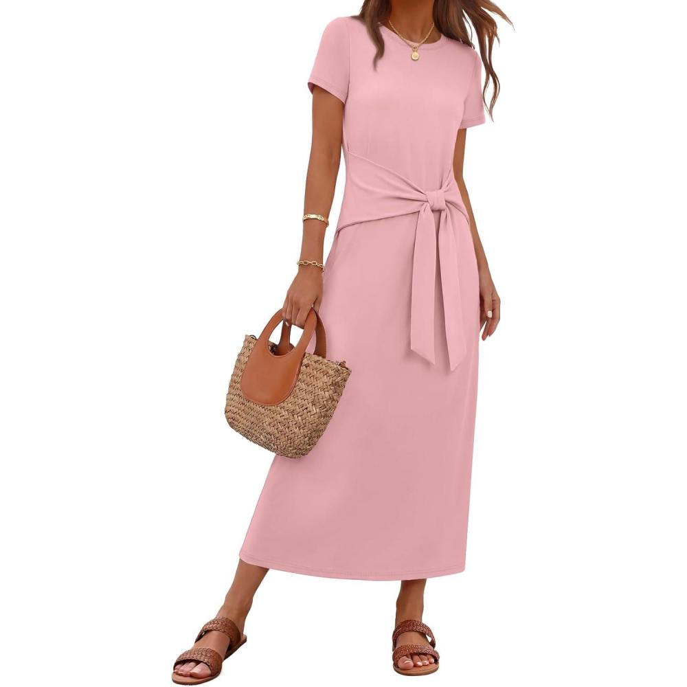 imageMEROKEETY Womens 2026 Summer Casual T Shirt Dresses Short Sleeve Tie Waist Long Work Beach Vacation Trendy Midi DressPink