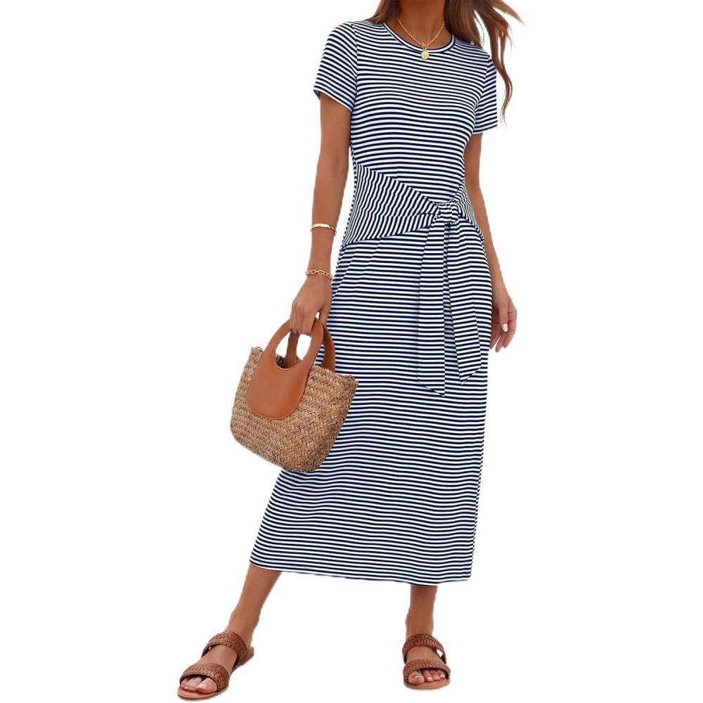 imageMEROKEETY Womens 2026 Summer Casual T Shirt Dresses Short Sleeve Tie Waist Long Work Beach Vacation Trendy Midi DressStripe Navy