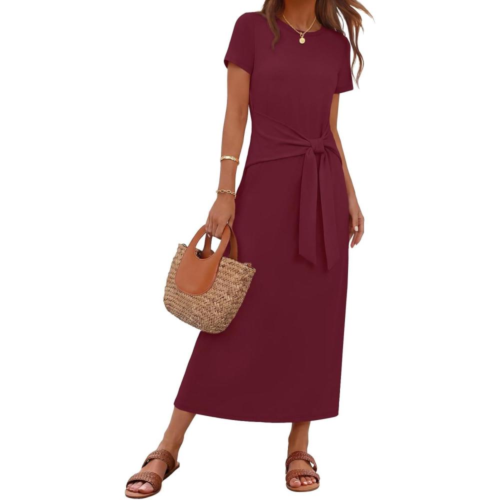 imageMEROKEETY Womens 2026 Summer Casual T Shirt Dresses Short Sleeve Tie Waist Long Work Beach Vacation Trendy Midi DressWine Red