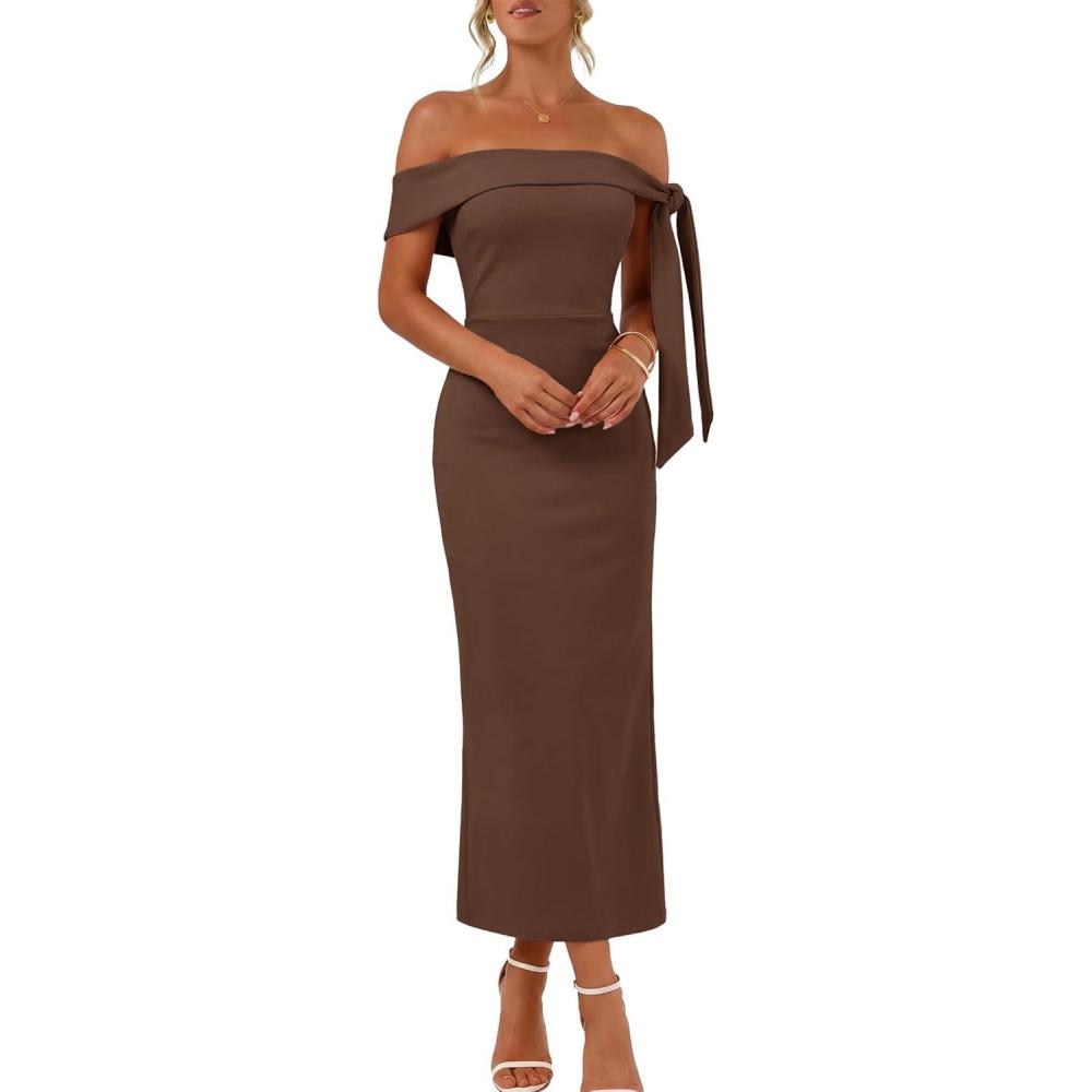 imageMEROKEETY Womens 2026 Summer Off The Shoulder Dress Bodycon Wedding Guest Cocktail Formal Party Maxi DressesBrown