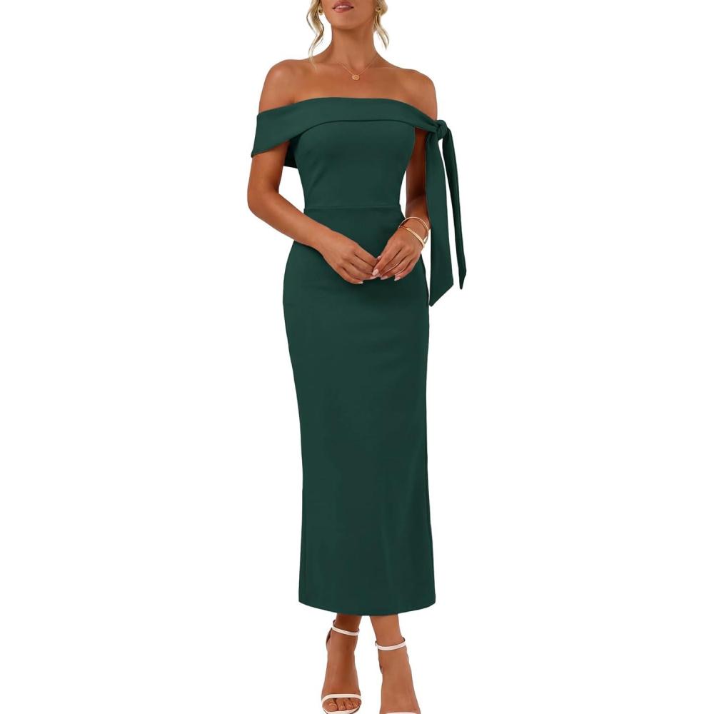 imageMEROKEETY Womens 2026 Summer Off The Shoulder Dress Bodycon Wedding Guest Cocktail Formal Party Maxi DressesDarkgreen