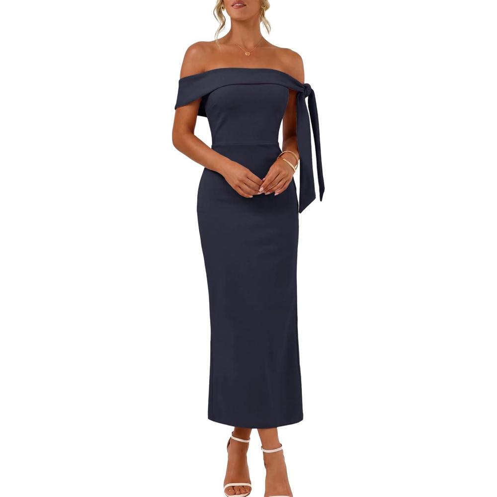 imageMEROKEETY Womens 2026 Summer Off The Shoulder Dress Bodycon Wedding Guest Cocktail Formal Party Maxi DressesNavy