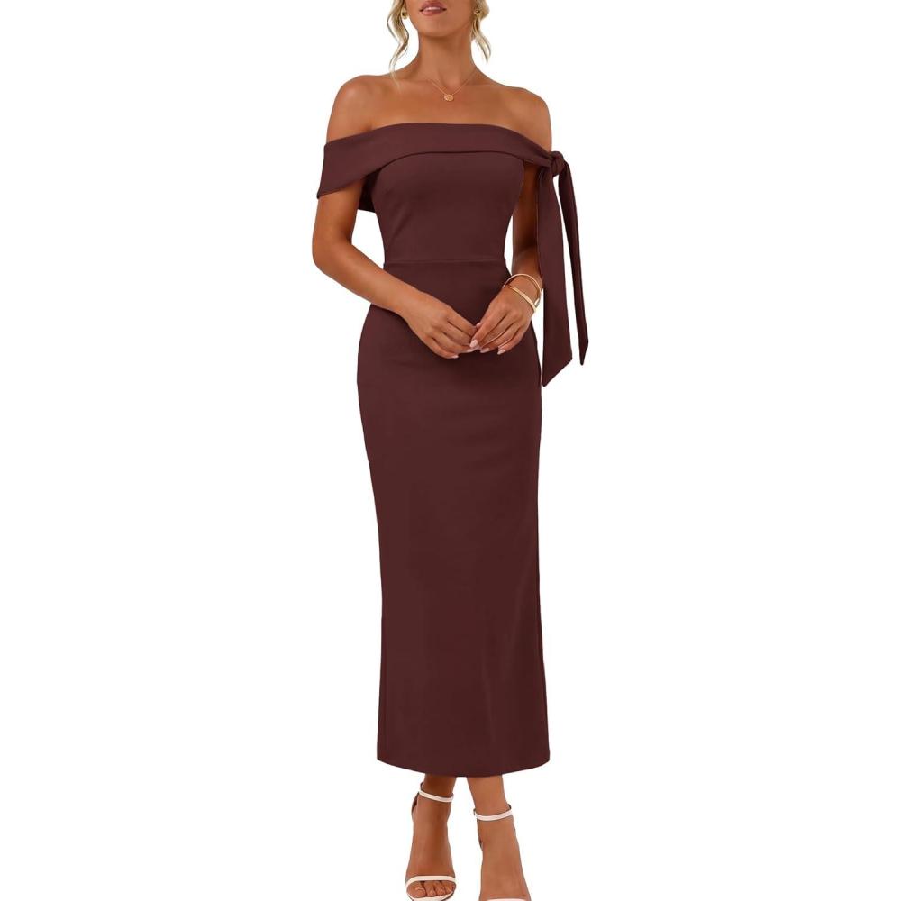 imageMEROKEETY Womens 2026 Summer Off The Shoulder Dress Bodycon Wedding Guest Cocktail Formal Party Maxi DressesWinered
