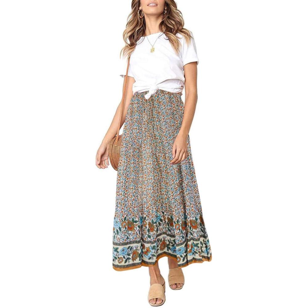 imageMEROKEETY Womens Boho Floral Print Elastic High Waist Pleated A Line Maxi SkirtCream