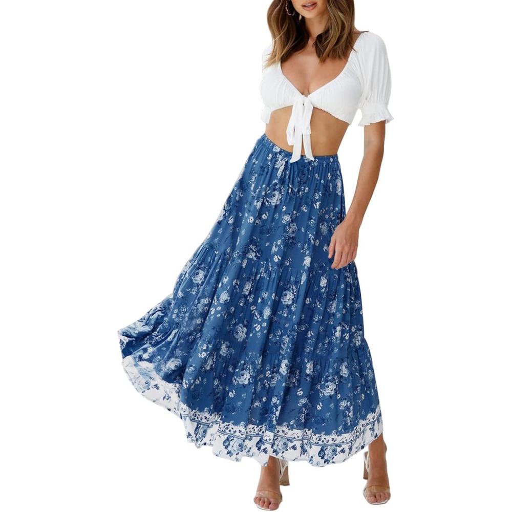 imageMEROKEETY Womens Boho Floral Print Elastic High Waist Pleated A Line Maxi SkirtDarkblue
