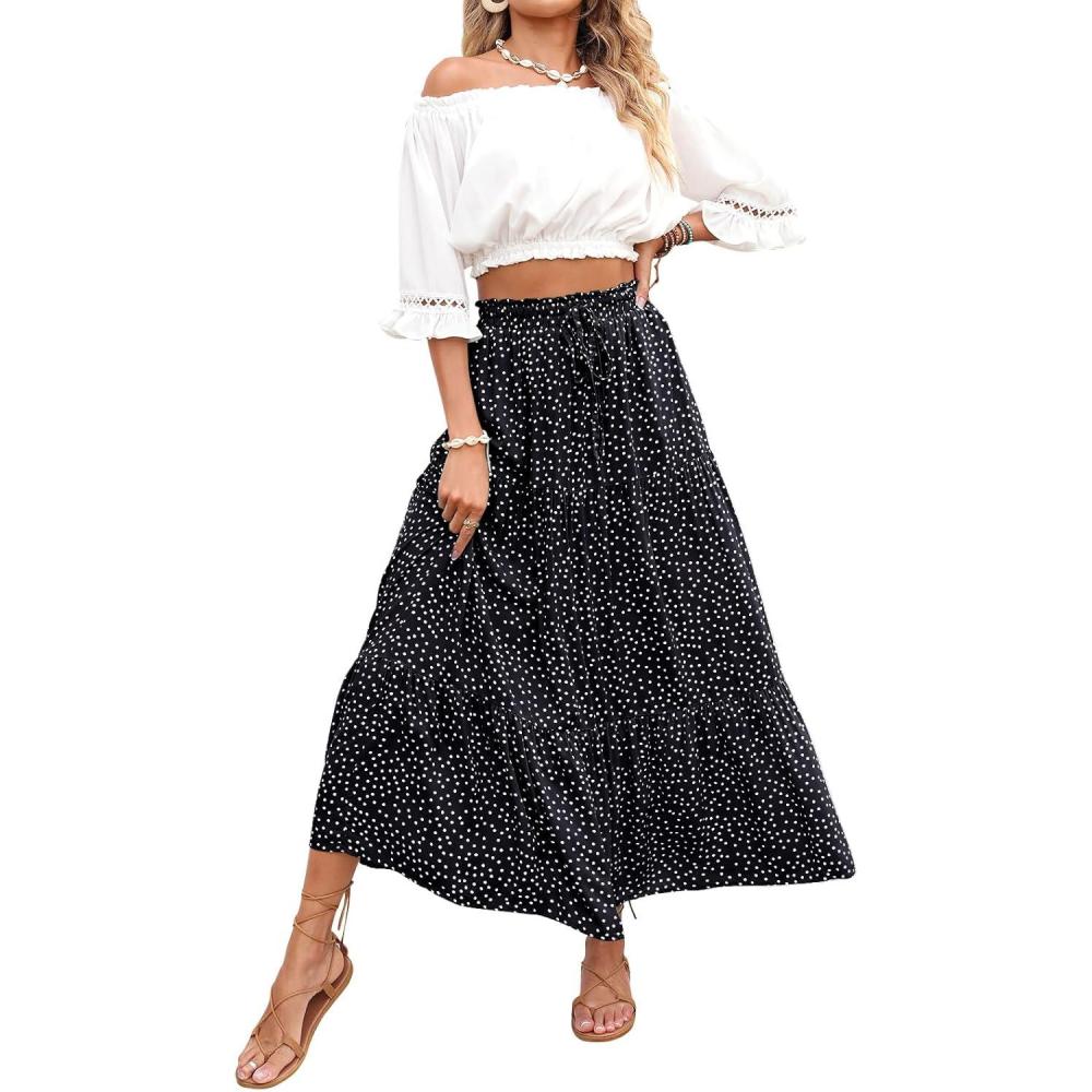 imageMEROKEETY Womens Boho Floral Print Elastic High Waist Pleated A Line Maxi SkirtDotblack