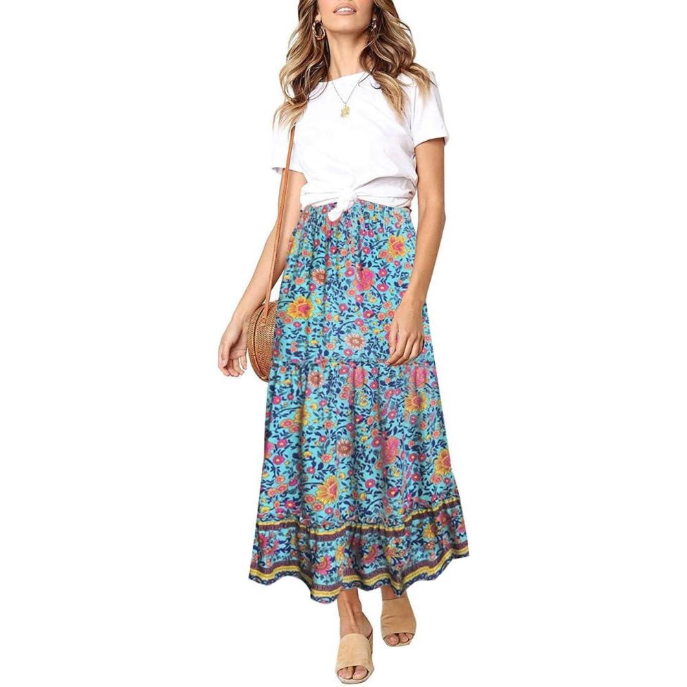 imageMEROKEETY Womens Boho Floral Print Elastic High Waist Pleated A Line Maxi SkirtGreen