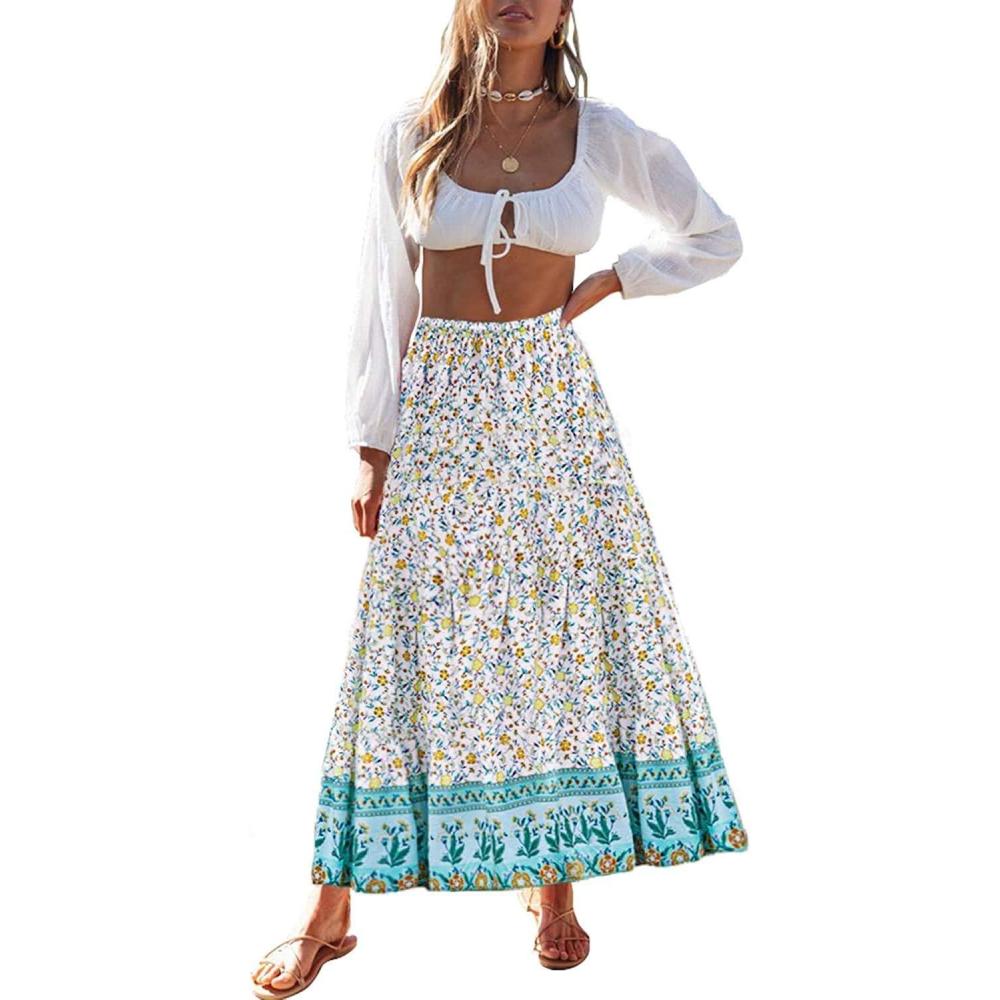 imageMEROKEETY Womens Boho Floral Print Elastic High Waist Pleated A Line Maxi SkirtLakeblue