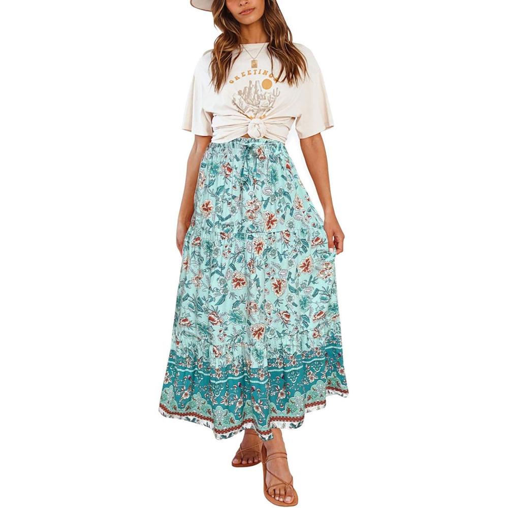 imageMEROKEETY Womens Boho Floral Print Elastic High Waist Pleated A Line Maxi SkirtTurquoise