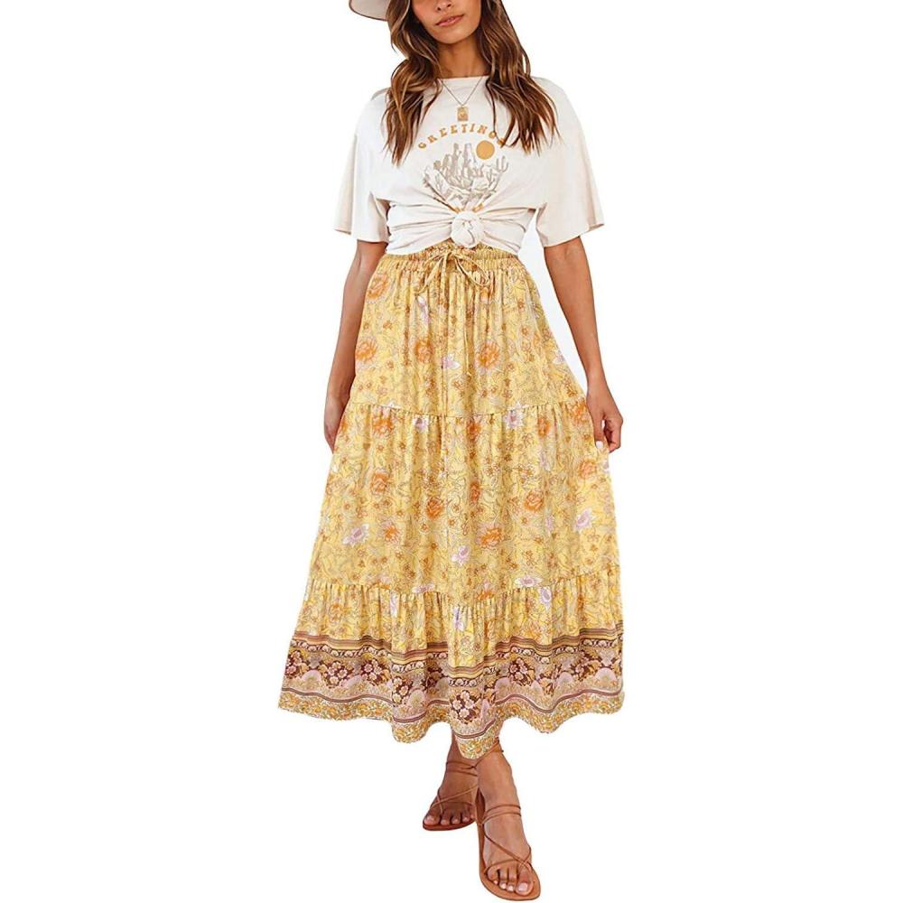 imageMEROKEETY Womens Boho Floral Print Elastic High Waist Pleated A Line Maxi SkirtYellow