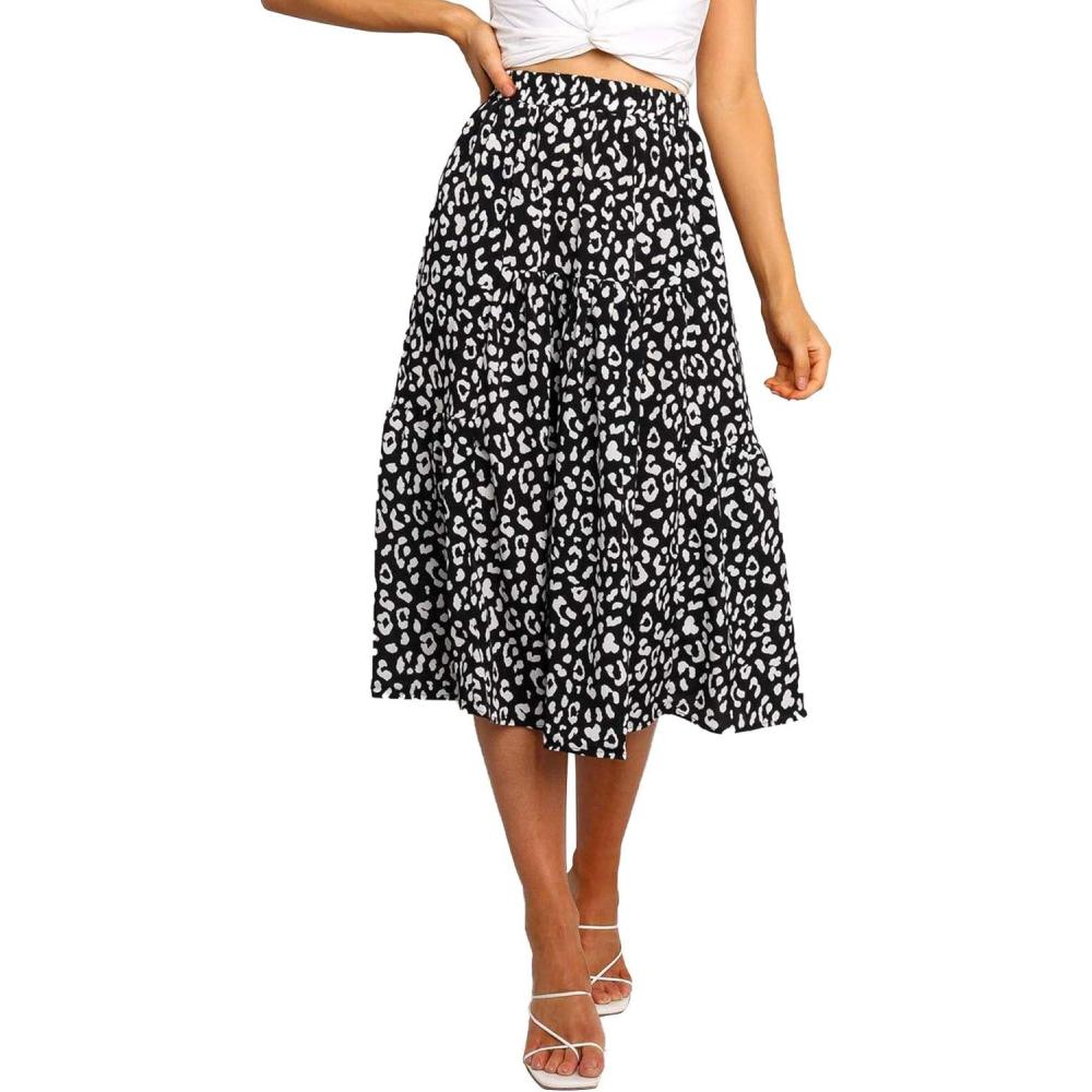 imageMEROKEETY Womens Boho Leopard Print Skirt Pleated ALine Swing Midi Skirts01black