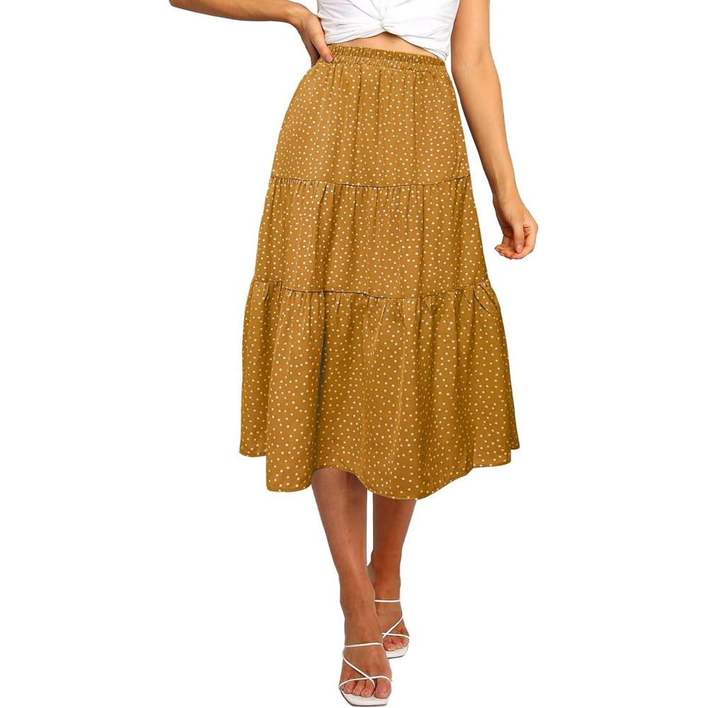 imageMEROKEETY Womens Boho Leopard Print Skirt Pleated ALine Swing Midi Skirts02yellow