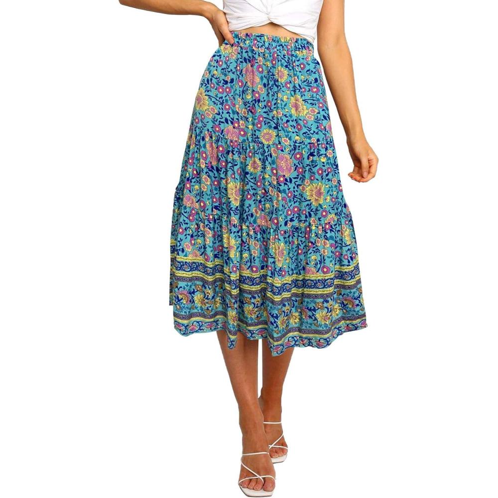 imageMEROKEETY Womens Boho Leopard Print Skirt Pleated ALine Swing Midi Skirts03green