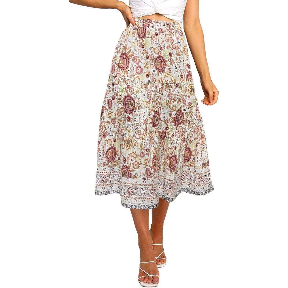 imageMEROKEETY Womens Boho Leopard Print Skirt Pleated ALine Swing Midi Skirts03white