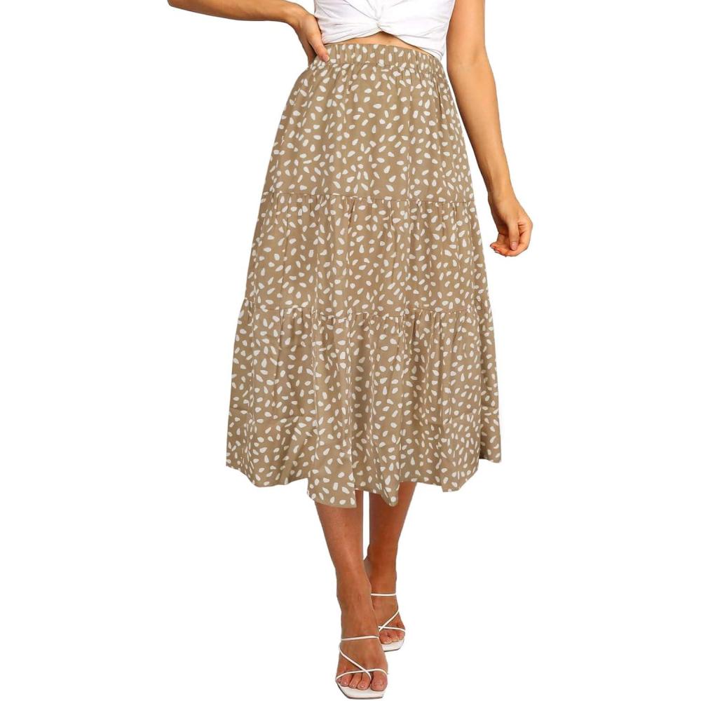 imageMEROKEETY Womens Boho Leopard Print Skirt Pleated ALine Swing Midi SkirtsKhaki