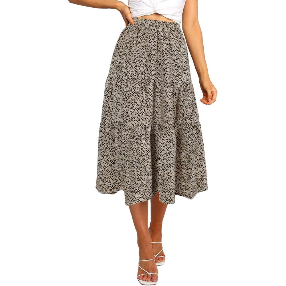 imageMEROKEETY Womens Boho Leopard Print Skirt Pleated ALine Swing Midi SkirtsLightkhaki