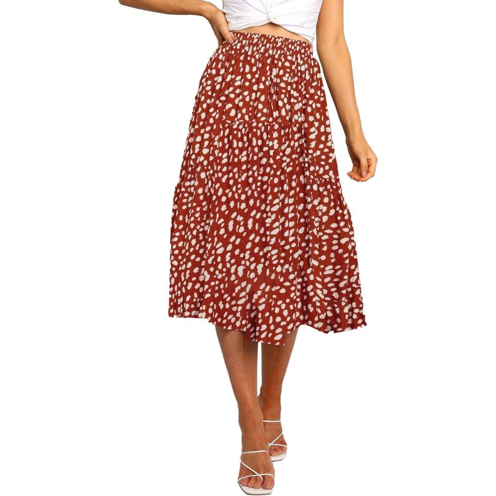 imageMEROKEETY Womens Boho Leopard Print Skirt Pleated ALine Swing Midi SkirtsRed
