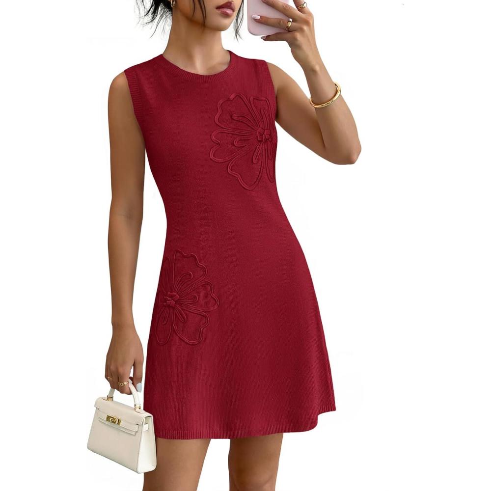 imageMEROKEETY Womens Cute Floral Knitted Mini Dress 2026 Spring Summer Sleeveless Tank Crew Neck A Line Short Sweater DressesRed