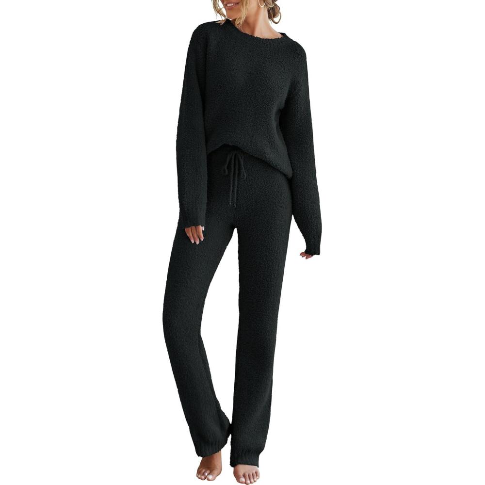 imageMEROKEETY Womens Pajama Sets 2026 Fall Lounge Sweater Set Cute Fuzzy Fleece 2 Piece Long Sleeve Cozy Winter Pj OutfitsBlack