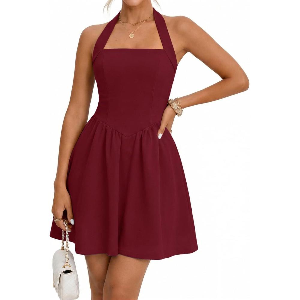 imageMEROKEETY Womens Summer Halter Neck Mini Dress 2026 Sleeveless Cute Ruched Waist Aline Flowy Swing Party Short DressesWine