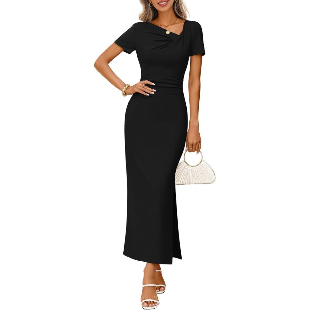 imageMEROKEETY Womens Summer Ruched Bodycon Maxi Dress 2026 Short Sleeve Side Slit Formal Wedding Guest Cocktail DressesBlack