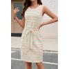 MEROKEETY Women’s 2026 Summer Casual Dress Striped Sleeveless Crew Neck Tie Waist Beach Vacation Trendy Short T Shirt Dresses(Redgreen)