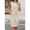 MEROKEETY Women’s 2026 Summer Casual Dress Striped Sleeveless Crew Neck Tie Waist Beach Vacation Trendy Short T Shirt Dresses(Redgreen)