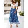 MEROKEETY Women’s Boho Floral Print Elastic High Waist Pleated A Line Maxi Skirt(Darkblue)