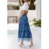 MEROKEETY Women’s Boho Floral Print Elastic High Waist Pleated A Line Maxi Skirt(Darkblue)