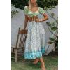 MEROKEETY Women’s Boho Floral Print Elastic High Waist Pleated A Line Maxi Skirt(Lakeblue)