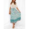 MEROKEETY Women’s Boho Floral Print Elastic High Waist Pleated A Line Maxi Skirt(Turquoise)
