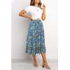 MEROKEETY Women’s Boho Leopard Print Skirt Pleated A-Line Swing Midi Skirts(03-green)