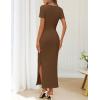 MEROKEETY Women’s Summer Ruched Bodycon Maxi Dress 2026 Short Sleeve Side Slit Formal Wedding Guest Cocktail Dresses(Brown)