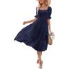 MEROKEETY Women’s 2025 Summer Square Neck Puff Sleeve Boho Midi Dress Swiss Dot Ruffle Flowy Tie Back Dress(Navy)