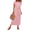 MEROKEETY Women’s 2026 Summer Casual T Shirt Dresses Short Sleeve Tie Waist Long Work Beach Vacation Trendy Midi Dress(Pink)