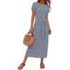 MEROKEETY Women’s 2026 Summer Casual T Shirt Dresses Short Sleeve Tie Waist Long Work Beach Vacation Trendy Midi Dress(Stripe Navy)