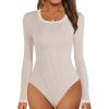 MEROKEETY Women’s Long Sleeve Ribbed Knit Bodysuits Scoop Neck Slimming Fit Fall Trendy Sweater Tops(Almond)