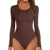 MEROKEETY Women’s Long Sleeve Ribbed Knit Bodysuits Scoop Neck Slimming Fit Fall Trendy Sweater Tops(Coffee)