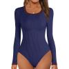 MEROKEETY Women’s Long Sleeve Ribbed Knit Bodysuits Scoop Neck Slimming Fit Fall Trendy Sweater Tops(Navy)