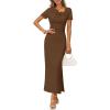 MEROKEETY Women’s Summer Ruched Bodycon Maxi Dress 2026 Short Sleeve Side Slit Formal Wedding Guest Cocktail Dresses(Brown)