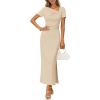 MEROKEETY Women’s Summer Ruched Bodycon Maxi Dress 2026 Short Sleeve Side Slit Formal Wedding Guest Cocktail Dresses(Khaki)