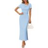 MEROKEETY Women’s Summer Ruched Bodycon Maxi Dress 2026 Short Sleeve Side Slit Formal Wedding Guest Cocktail Dresses(Lightblue)